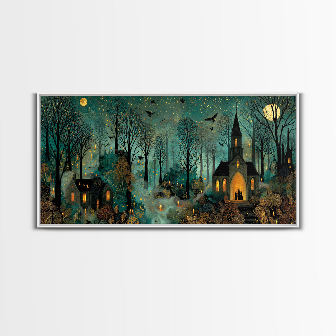The Raven Sermon Of Leng, Halloween Wall Art, Wide Panoramic Art, Framed Canvas Print, Halloween Home Decor, Gothic Wall Art