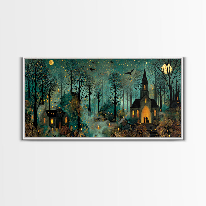 The Raven Sermon Of Leng, Halloween Wall Art, Wide Panoramic Art, Framed Canvas Print, Halloween Home Decor, Gothic Wall Art