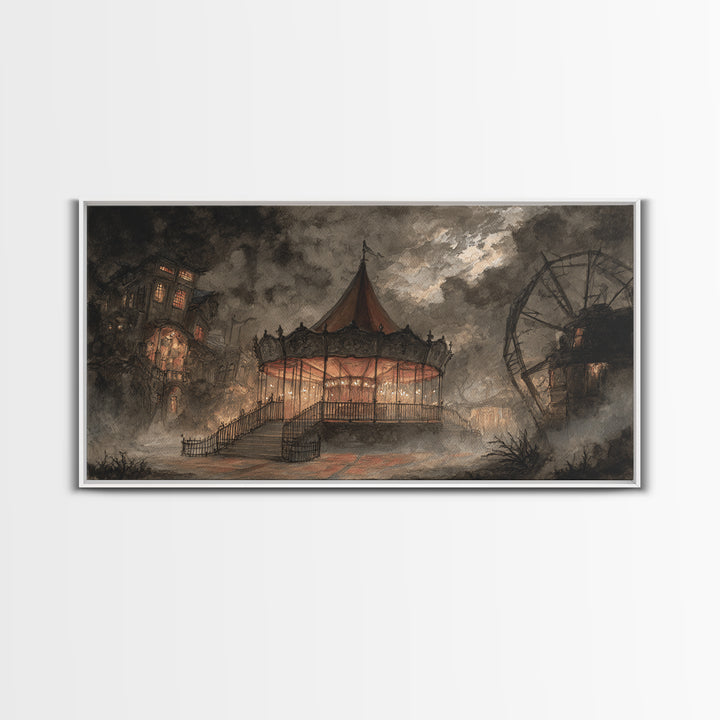 The Carousel Of Sleeping Planets, Macabre Halloween Art, Wide Panoramic Art, Framed Canvas Print, Halloween Home Decor, Gothic Wall Art