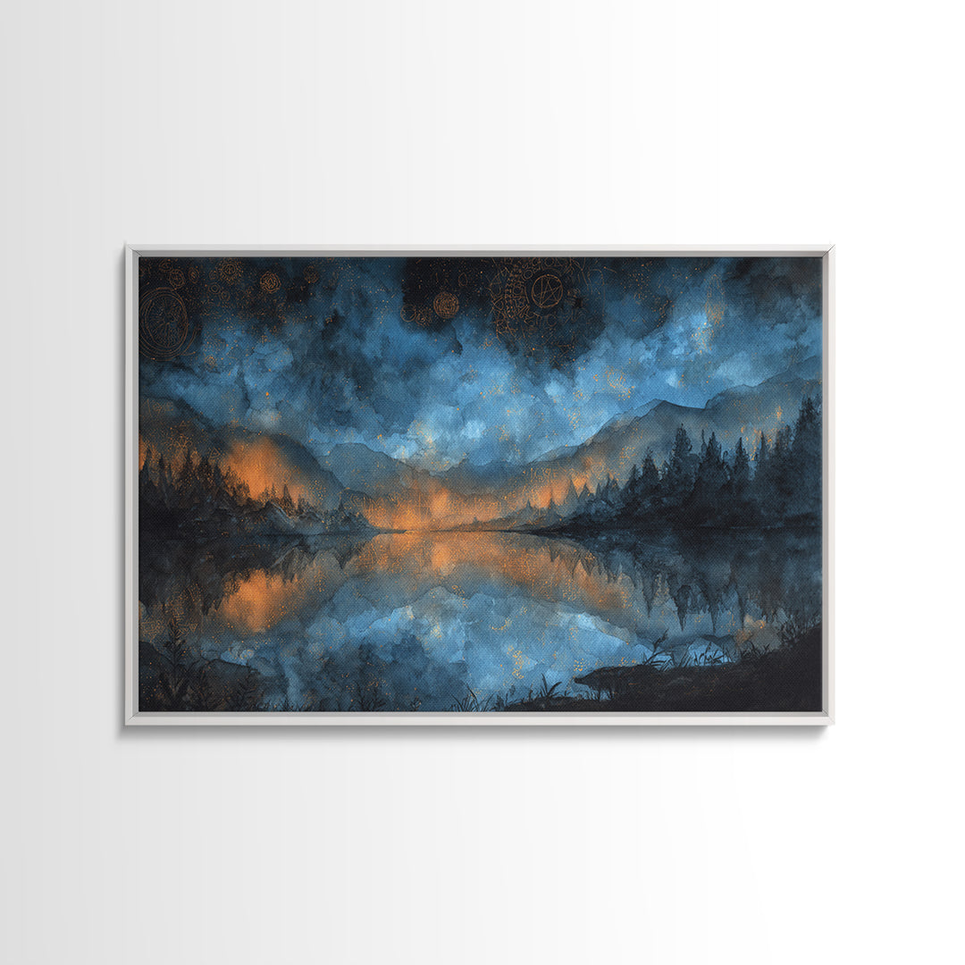 The Mirror Lake Of Lost Constellations, Cosmic Horror Decor, Landscape Wall Art, Framed Canvas Print, Halloween Home Decor, Gothic Wall Art