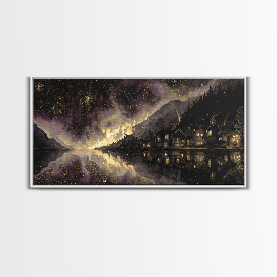 The Mirror Lake Of Lost Constellations, Macabre Halloween Art, Wide Panoramic Art, Canvas Print, Halloween Home Decor, Gothic Wall Art