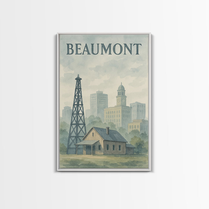 Beaumont Texas Travel Poster, Canvas Print, Painted Travel Poster Art, Beaumont Travel Art, Watercolor Urban Skyline, Living Room Wall Art