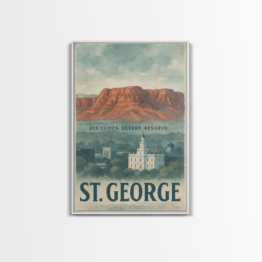 St George Travel Poster, Framed Canvas Print, Watercolor Cityscape Wall Art, St George City Art, Travel Poster Art, Watercolor Cityscape