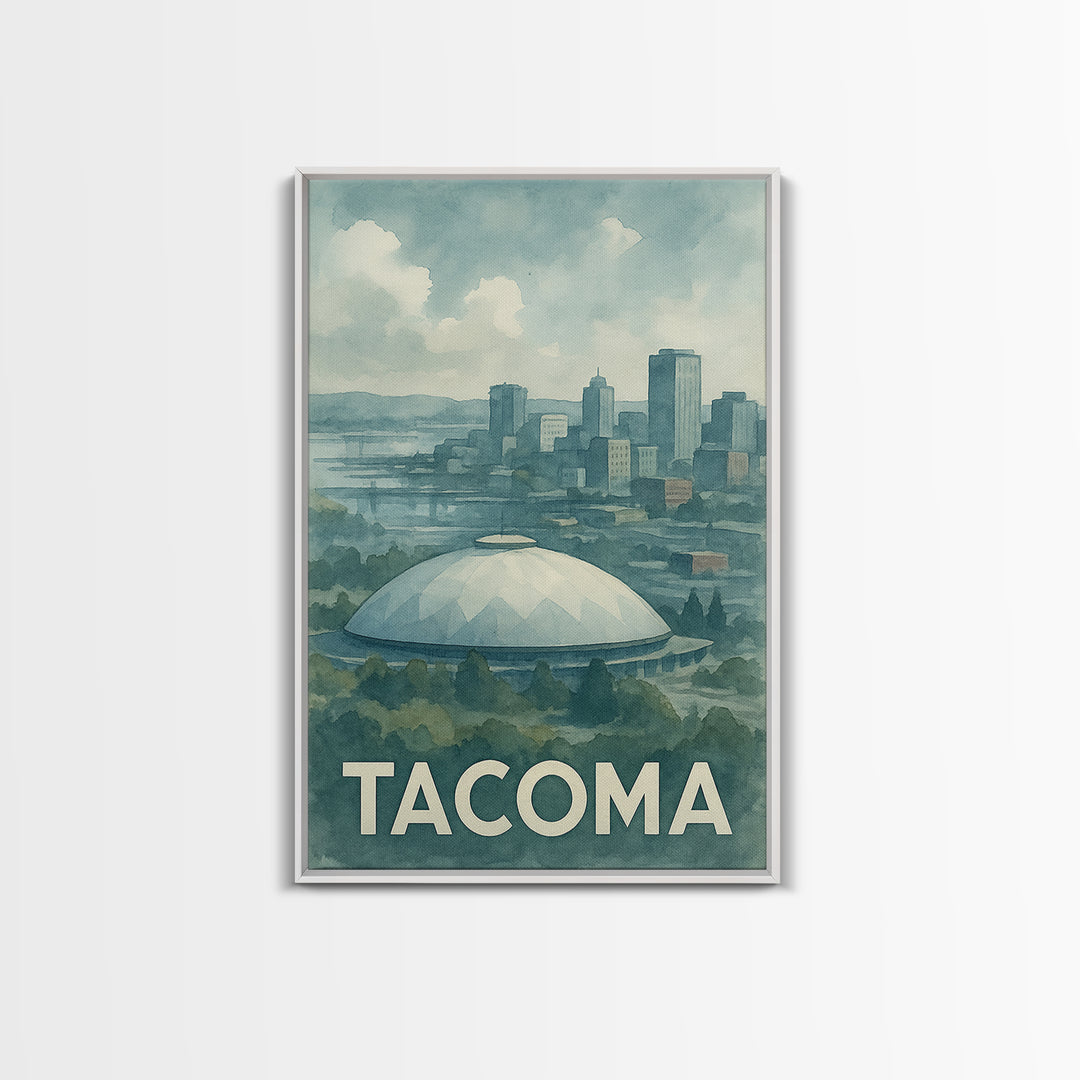 Tacoma Washington Travel Poster, Framed Canvas Print, Soft Watercolor Travel Art, Tacoma Wall Art, Travel Poster Art, Watercolor Skyline Art