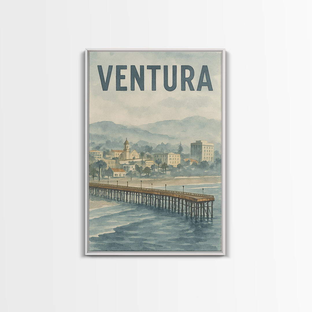 Ventura California Travel Poster, Framed Canvas Print, Soft Watercolor Travel Art, Ventura Wall Art, City Illustration, Travel Poster Set