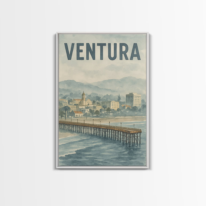 Ventura California Travel Poster, Framed Canvas Print, Soft Watercolor Travel Art, Ventura Wall Art, City Illustration, Travel Poster Set
