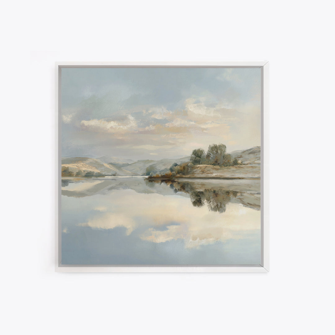 Peaceful Lake Reflection at Dawn Framed Canvas Print, Waiting Room Art, Photography Print, Waiting Room Decor, Watercolor Art, WRA-1x1-100