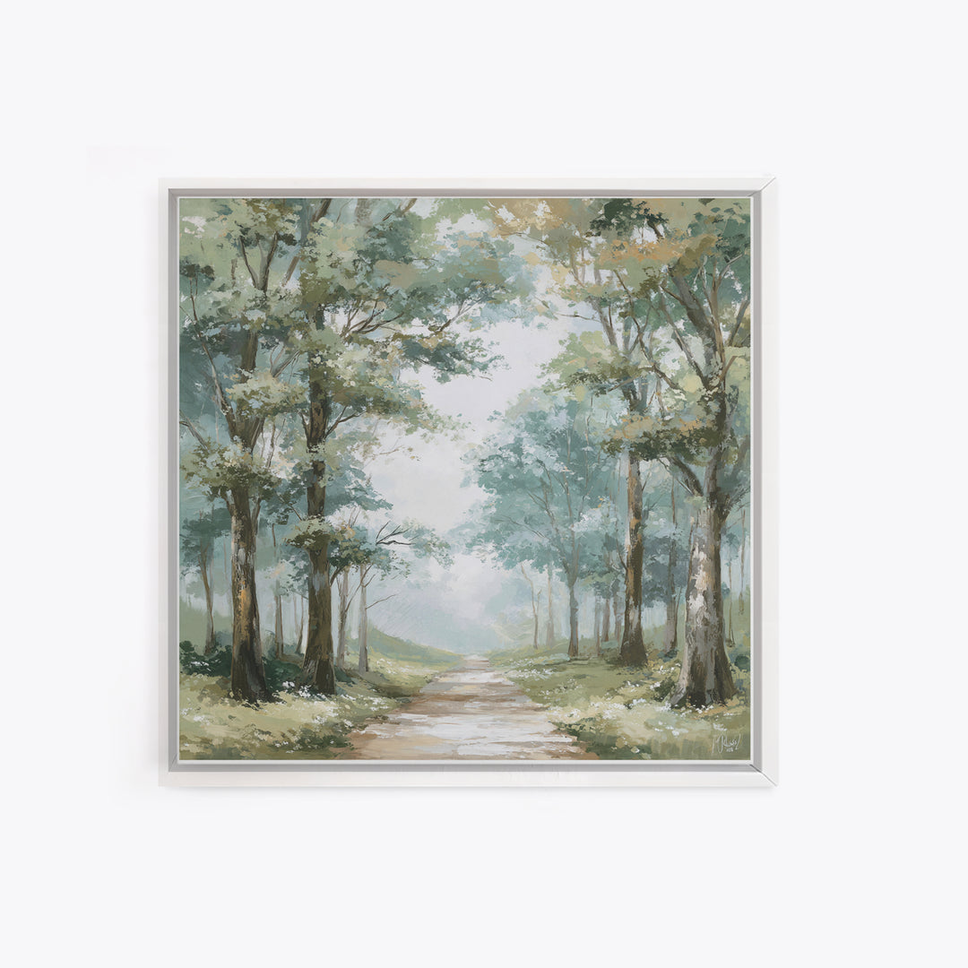 Misty Forest Path Framed Canvas Print, Waiting Room Art, Living Room Wall Art, Waiting Room Decor, Calm, Soundwave Art, WRA-1x1-11