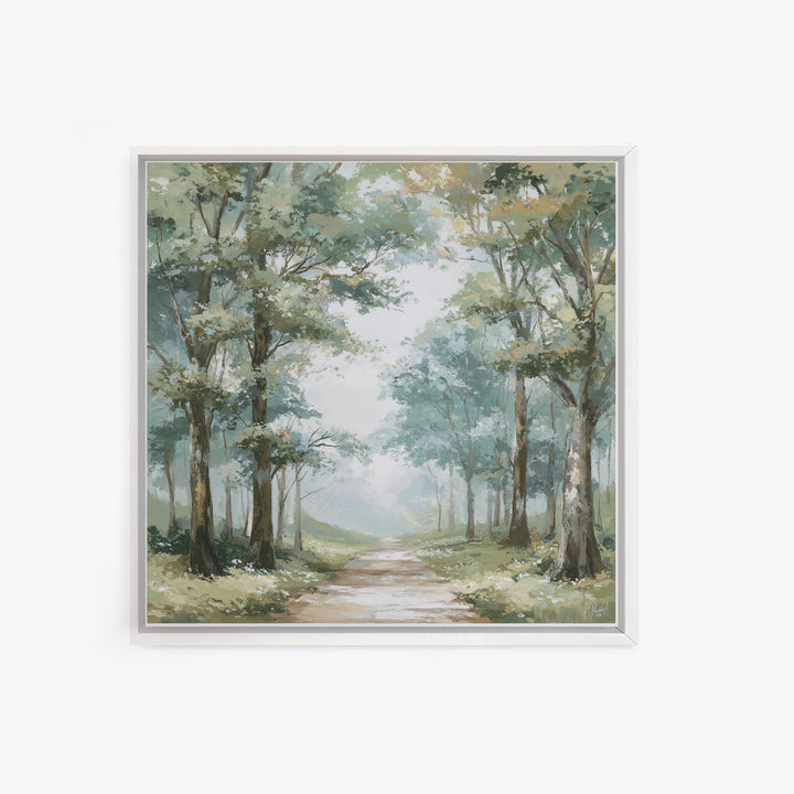 Misty Forest Path Framed Canvas Print, Waiting Room Art, Living Room Wall Art, Waiting Room Decor, Calm, Soundwave Art, WRA-1x1-11