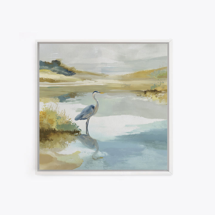 Blue Heron in Quiet Marsh Framed Canvas Print, Waiting Room Art, Wall Decor, Waiting Room Decor, Calm, Minimalist Wall Art, WRA-1x1-12
