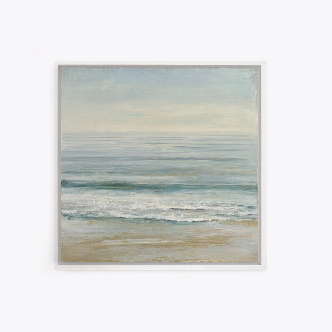 Coastal Horizon with Pale Sand and Water Framed Canvas Print, Waiting Room Art, Statement Artwork, Waiting Room Decor, Calm, WRA-1x1-57