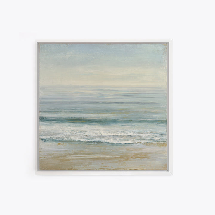 Coastal Horizon with Pale Sand and Water Framed Canvas Print, Waiting Room Art, Statement Artwork, Waiting Room Decor, Calm, WRA-1x1-57