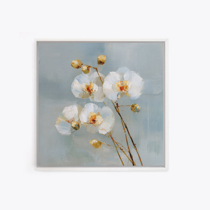 White Orchid on Light Gray Ground Framed Canvas Print, Waiting Room Art, Wall Sculpture, Waiting Room Decor, Fine Art, Calm, WRA-1x1-7
