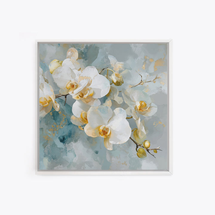 White Orchid on Light Gray Ground Framed Canvas Print, Waiting Room Art, Fine Art Print, Waiting Room Decor, Oil Painting, Calm, WRA-1x1-79