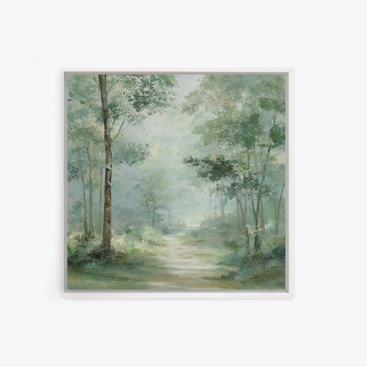 Misty Forest Path Framed Canvas Print, Waiting Room Art, Statement Artwork, Waiting Room Decor, Oil Painting, Calm, Wall Decor, WRA-1x1-83