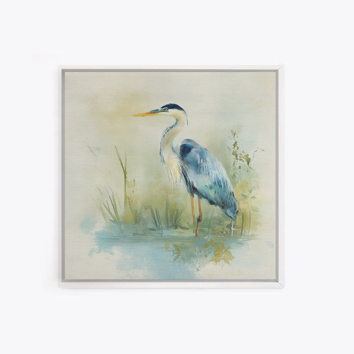 Blue Heron in Quiet Marsh Framed Canvas Print, Waiting Room Art, Therapy Office Decor, Waiting Room Decor, Abstract Art, Calm, WRA-1x1-84