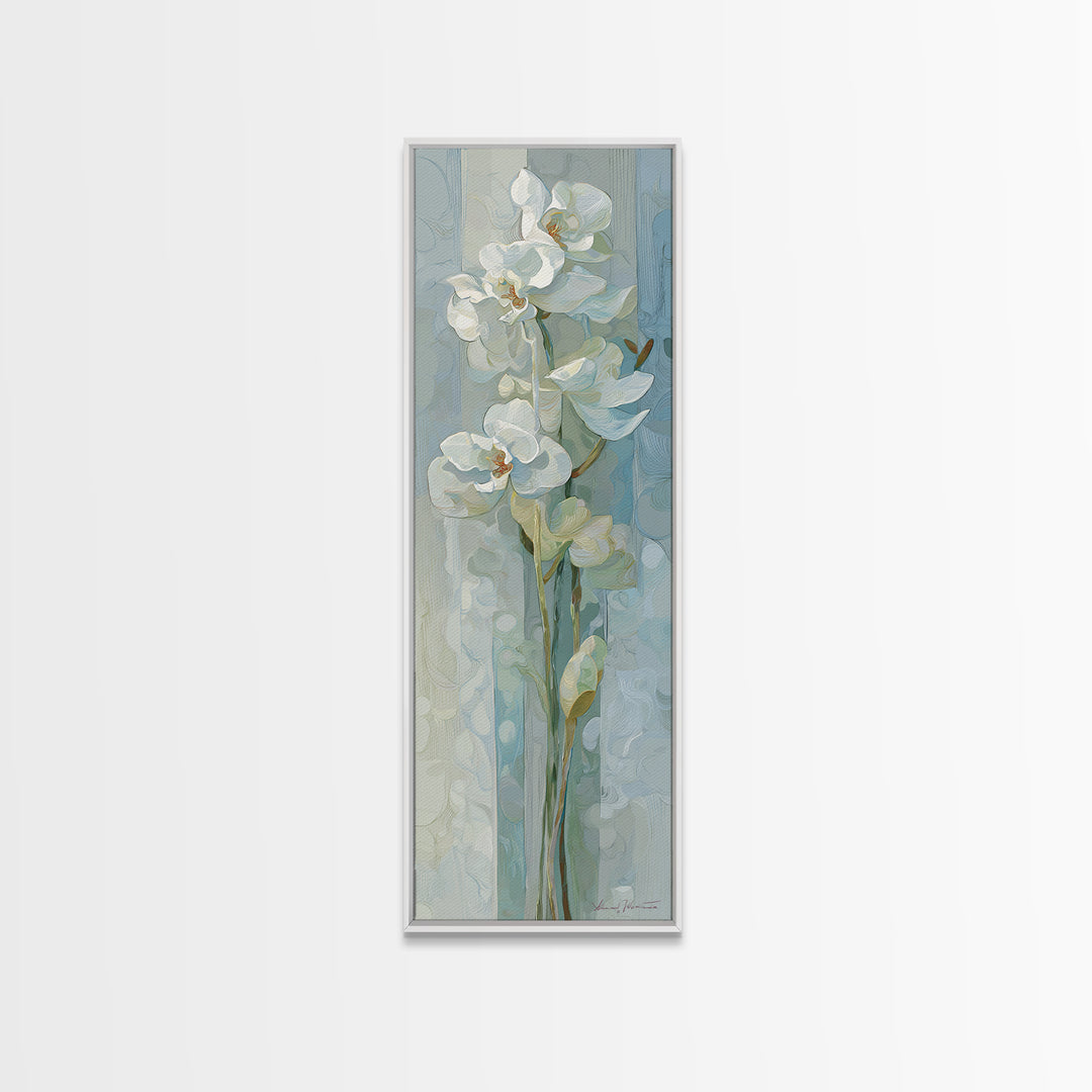 White Orchid on Light Gray Ground Framed Canvas Print, Waiting Room Art, Art, Waiting Room Decor, Fine Art, Calm, Bauhaus Print, WRA-1x3-19
