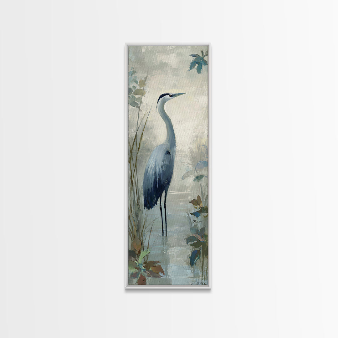 Blue Heron in Quiet Marsh Framed Canvas Print, Waiting Room Art, Art Print, Waiting Room Decor, Fine Art, Calm, Abstract Art, WRA-1x3-24