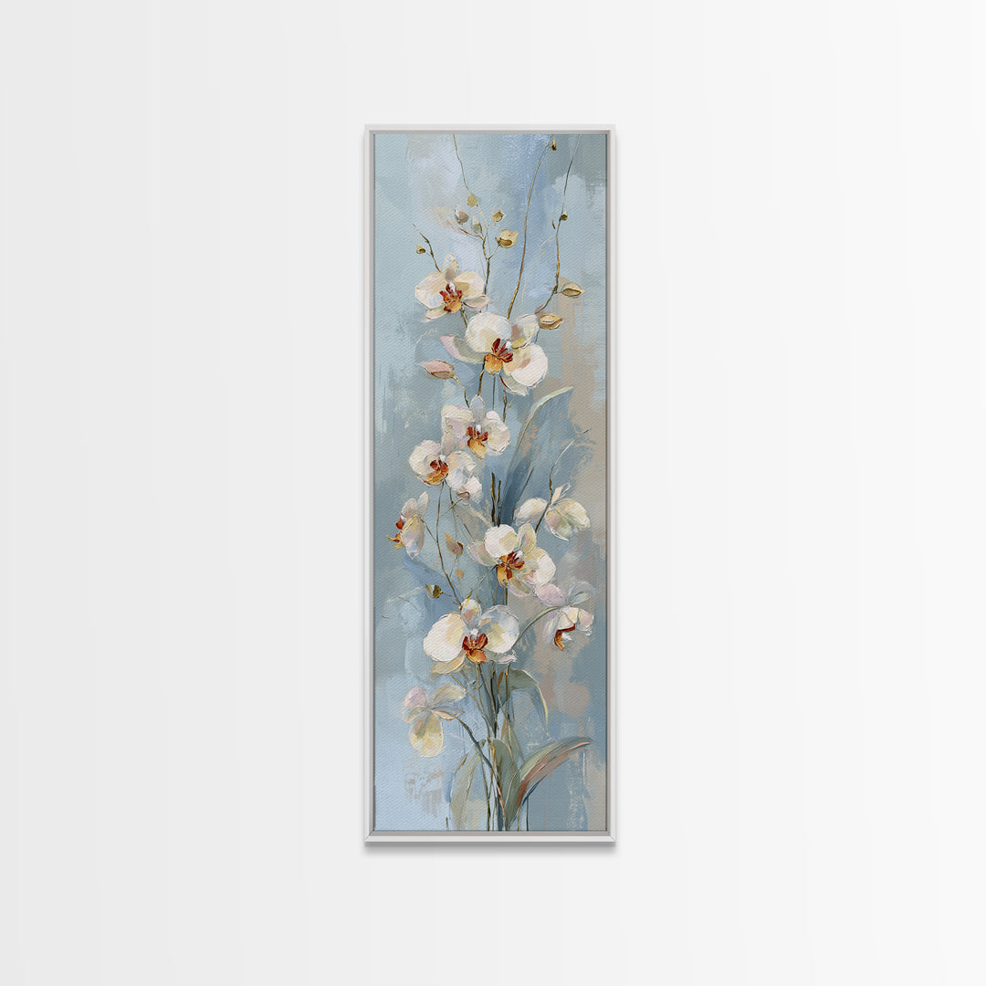 White Orchid on Light Gray Ground Framed Canvas Print, Waiting Room Art, Minimalist Art, Waiting Room Decor, Oil Painting, Calm, WRA-1x3-91