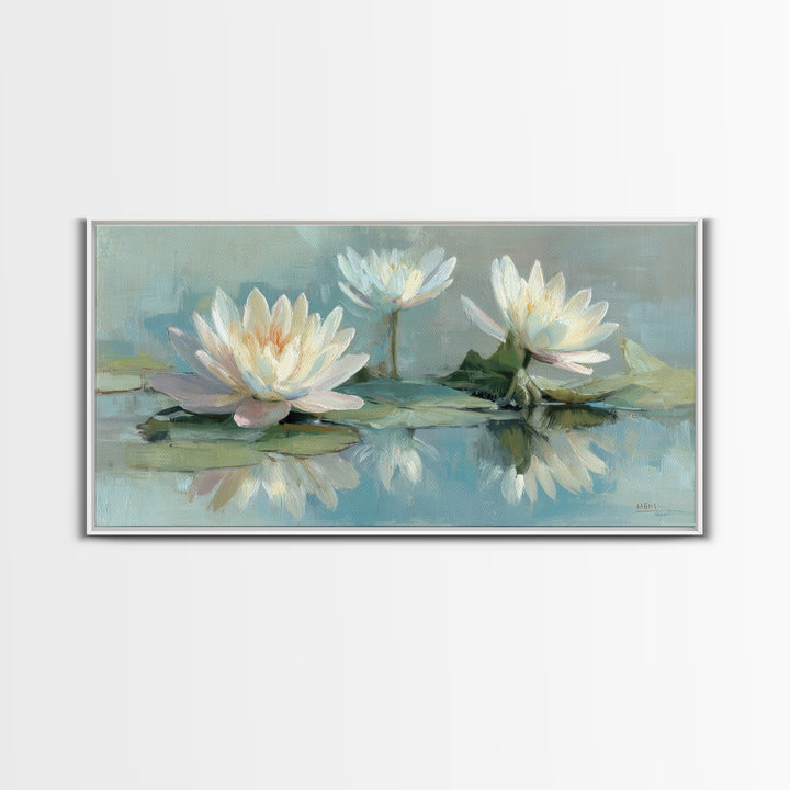 Lotus Flower on Still Water Framed Canvas Print, Waiting Room Art, Office Art, Waiting Room Decor, Calm, Gallery Decor, WRA-2x1-11