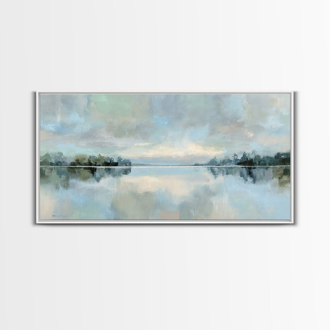 Peaceful Lake Reflection at Dawn Framed Canvas Print, Waiting Room Art, Waiting Room Decor, Oil Painting, Calm, WRA-2x1-24