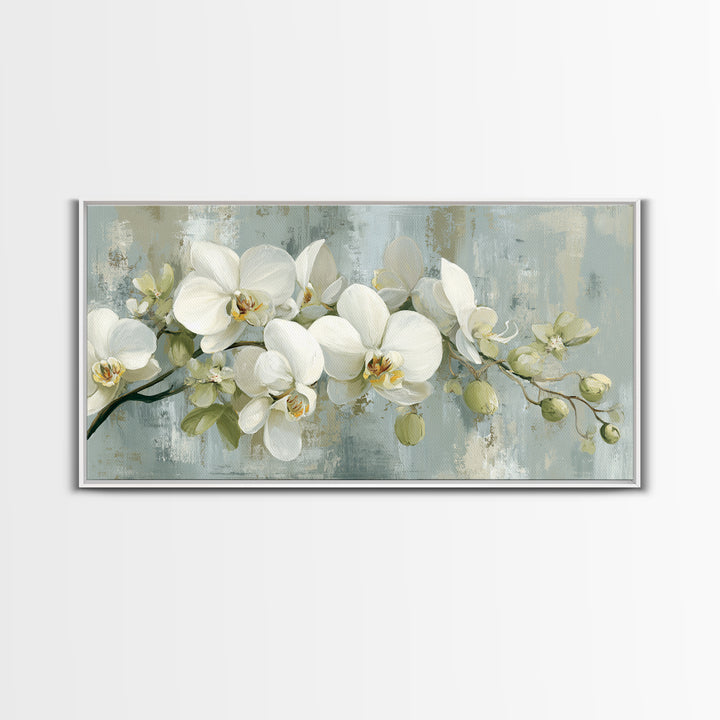 White Orchid on Light Gray Ground Framed Canvas Print, Waiting Room Art, Fine Art Print, Waiting Room Decor, Oil Painting, Calm, WRA-2x1-27