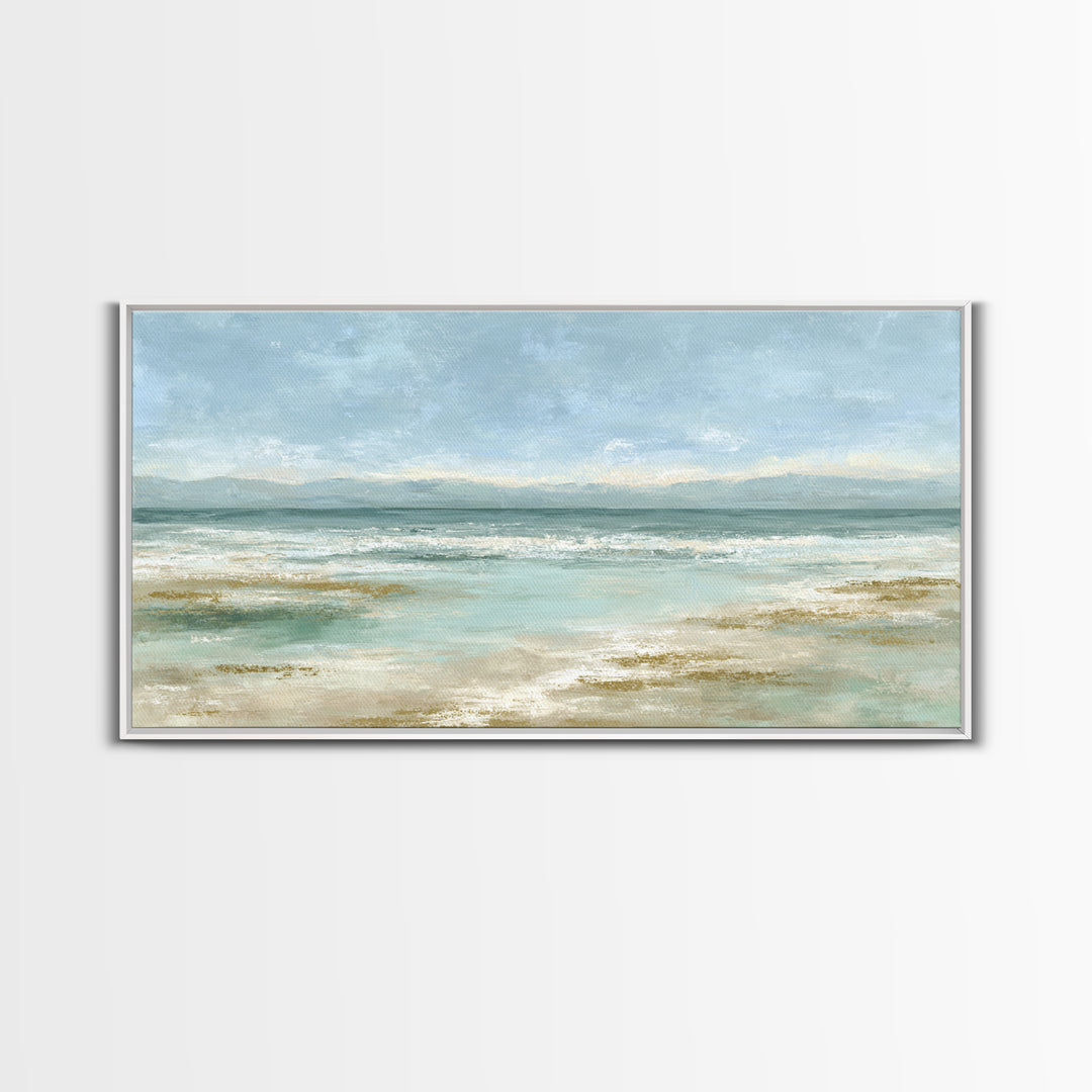 Coastal Horizon with Pale Sand and Water Framed Canvas Print, Waiting Room Art, Art, Waiting Room Decor, Fine Art, Calm, WRA-2x1-29