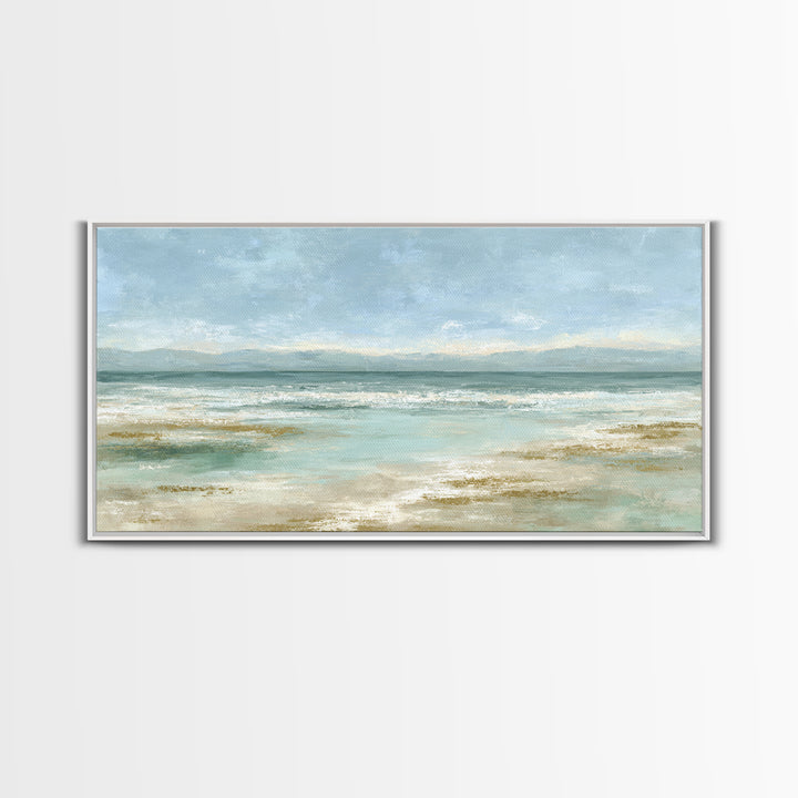 Coastal Horizon with Pale Sand and Water Framed Canvas Print, Waiting Room Art, Art, Waiting Room Decor, Fine Art, Calm, WRA-2x1-29