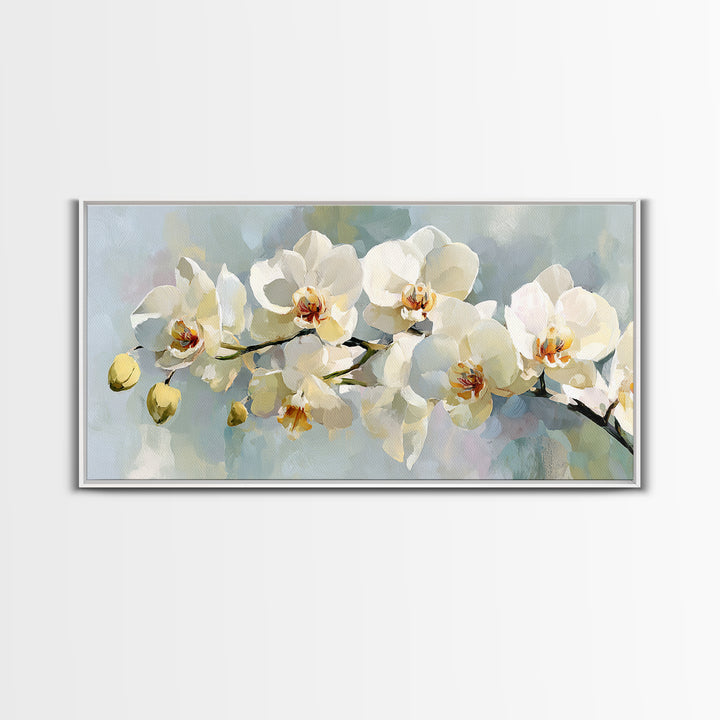 White Orchid on Light Gray Ground Framed Canvas Print, Waiting Room Art, Wall Sculpture, Waiting Room Decor, Fine Art, Calm, WRA-2x1-3