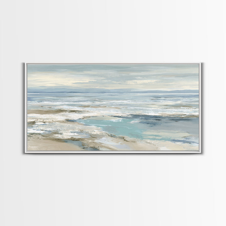 Coastal Horizon with Pale Sand and Water Framed Canvas Print, Waiting Room Art, Art, Waiting Room Decor, Fine Art, Calm, WRA-2x1-5
