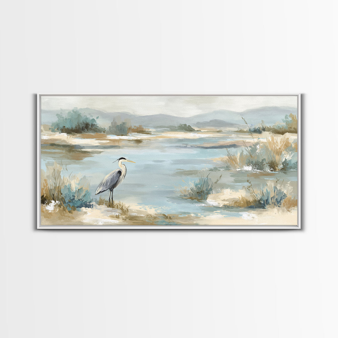 Blue Heron in Quiet Marsh Framed Canvas Print, Waiting Room Art, Office Decor, Waiting Room Decor, Calm, Gallery Wall Art, WRA-2x1-56