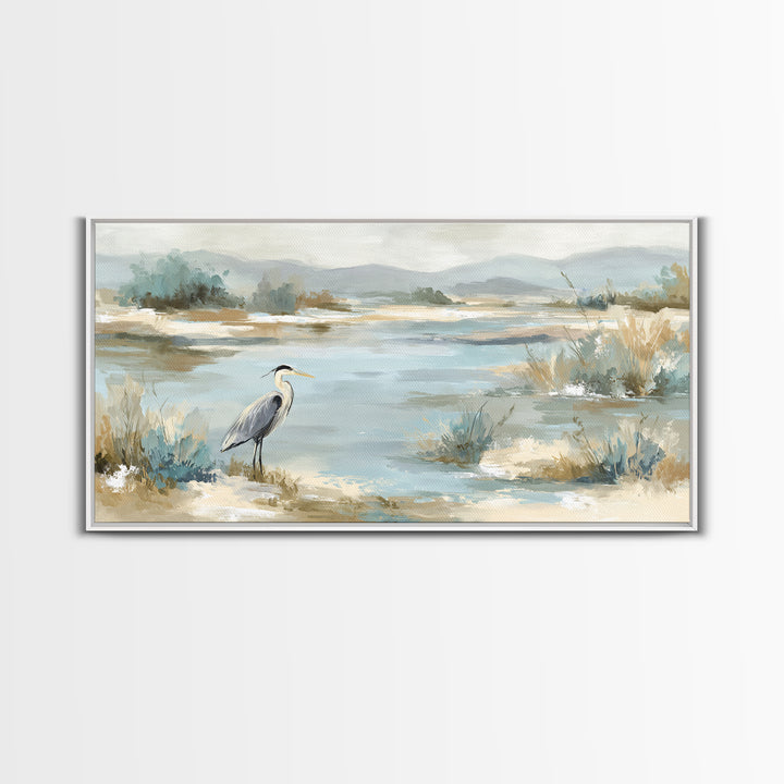 Blue Heron in Quiet Marsh Framed Canvas Print, Waiting Room Art, Office Decor, Waiting Room Decor, Calm, Gallery Wall Art, WRA-2x1-56