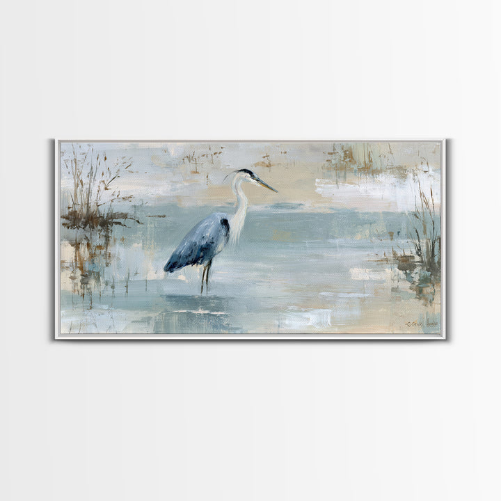 Blue Heron in Quiet Marsh Framed Canvas Print, Waiting Room Art, Office Wall Decor, Waiting Room Decor, Fine Art, Calm, WRA-2x1-80