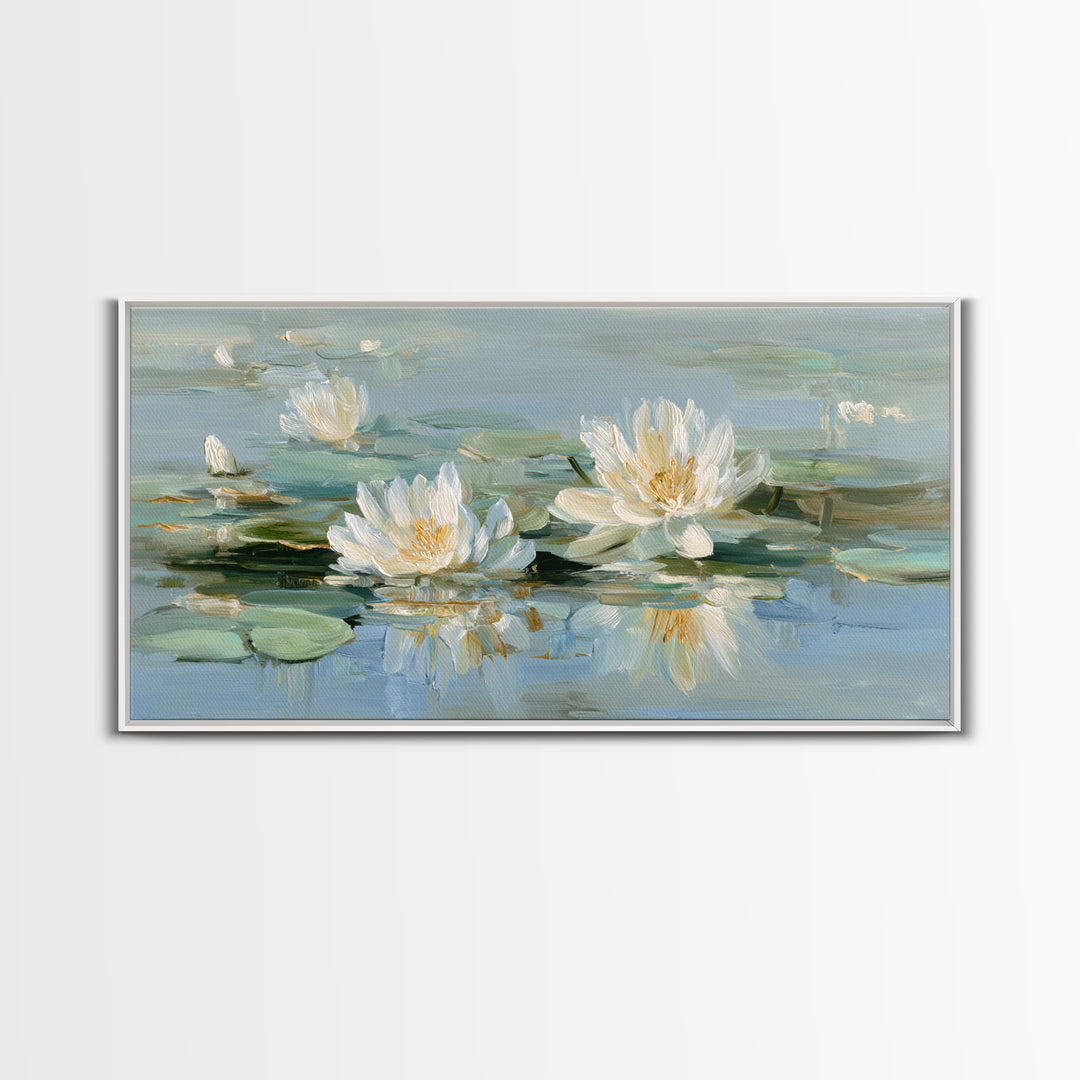 Lotus Flower on Still Water Framed Canvas Print, Waiting Room Art, Contemporary Art, Waiting Room Decor, Oil Painting, Calm, WRA-2x1-83