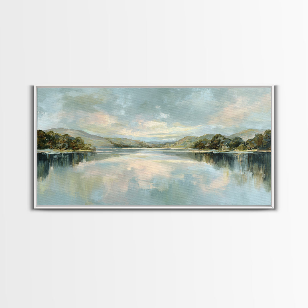 Peaceful Lake Reflection at Dawn Framed Canvas Print, Waiting Room Art, Abstract, Waiting Room Decor, Fine Art, Calm, WRA-2x1-96