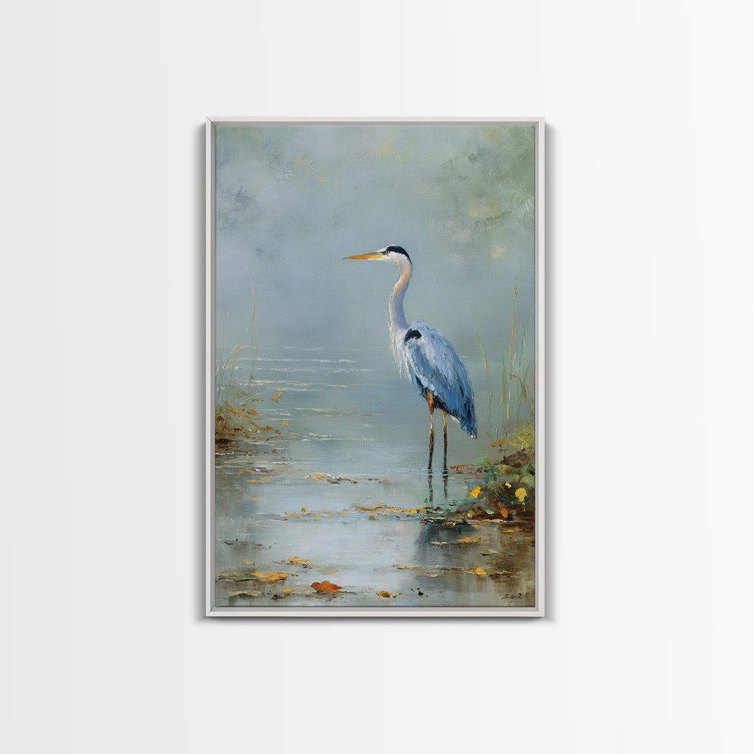 Blue Heron in Quiet Marsh Framed Canvas Print, Waiting Room Art, Original Art, Waiting Room Decor, Oil Painting, Calm, WRA-2x3-20