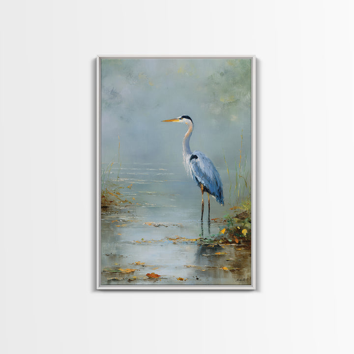 Blue Heron in Quiet Marsh Framed Canvas Print, Waiting Room Art, Original Art, Waiting Room Decor, Oil Painting, Calm, WRA-2x3-20