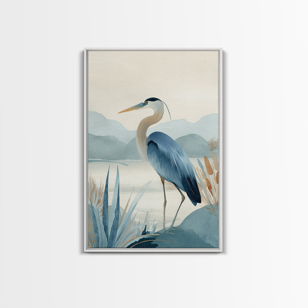 Blue Heron in Quiet Marsh Framed Canvas Print, Waiting Room Art, Fine Art, Waiting Room Decor, Watercolor Art, Calm, WRA-2x3-44