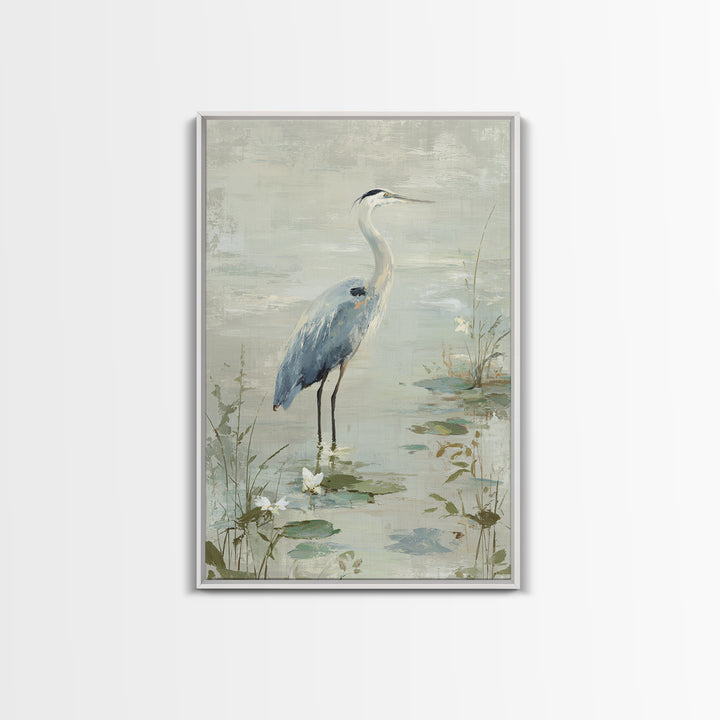 Blue Heron in Quiet Marsh Framed Canvas Print, Waiting Room Art, Bedroom Decor, Waiting Room Decor, Fine Art, Calm, Abstract, WRA-2x3-68