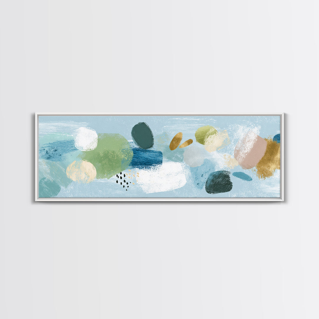 Pastel Rainbow Shapes for Pediatric Spaces Framed Canvas Print, Waiting Room Art, Waiting Room Decor, Abstract Art, Calm, WRA-3x1-10