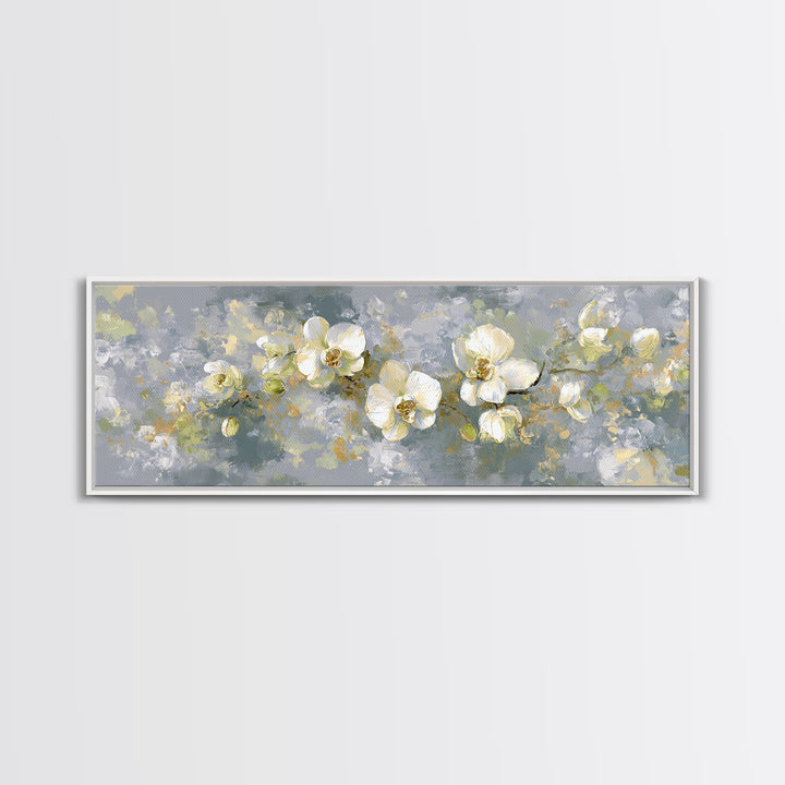 White Orchid on Light Gray Ground Framed Canvas Print, Waiting Room Art, Boho Decor, Waiting Room Decor, Fine Art, Calm, WRA-3x1-23