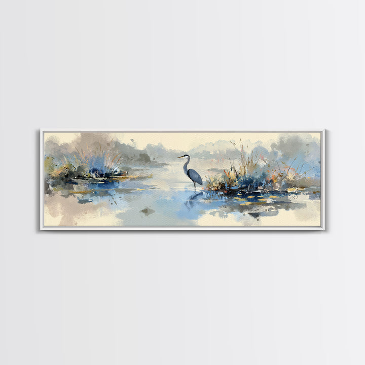 Blue Heron in Quiet Marsh Framed Canvas Print, Waiting Room Art, Dental Art, Waiting Room Decor, Oil Painting, Calm, WRA-3x1-28