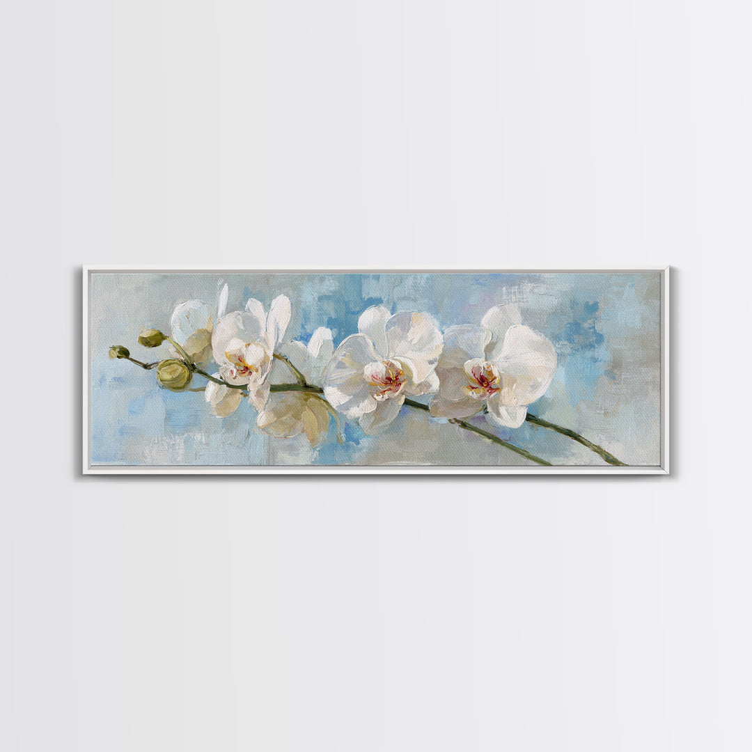 White Orchid on Light Gray Ground Framed Canvas Print, Waiting Room Art, Wall Decor, Waiting Room Decor, Oil Painting, Calm, WRA-3x1-47