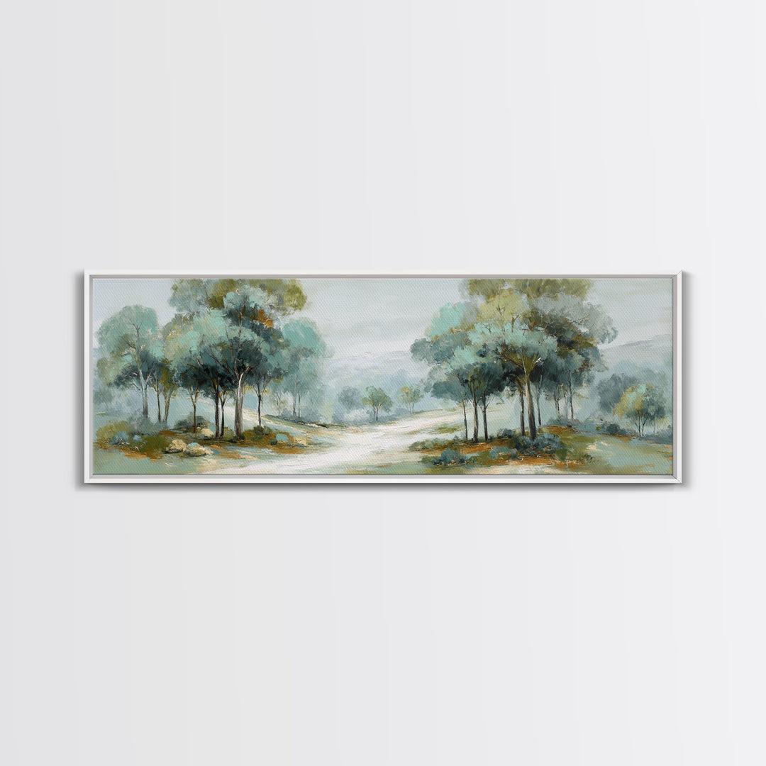 Misty Forest Path Framed Canvas Print, Waiting Room Art, Waiting Room Decor, Oil Painting, Calm, Office Wall Decor, WRA-3x1-51