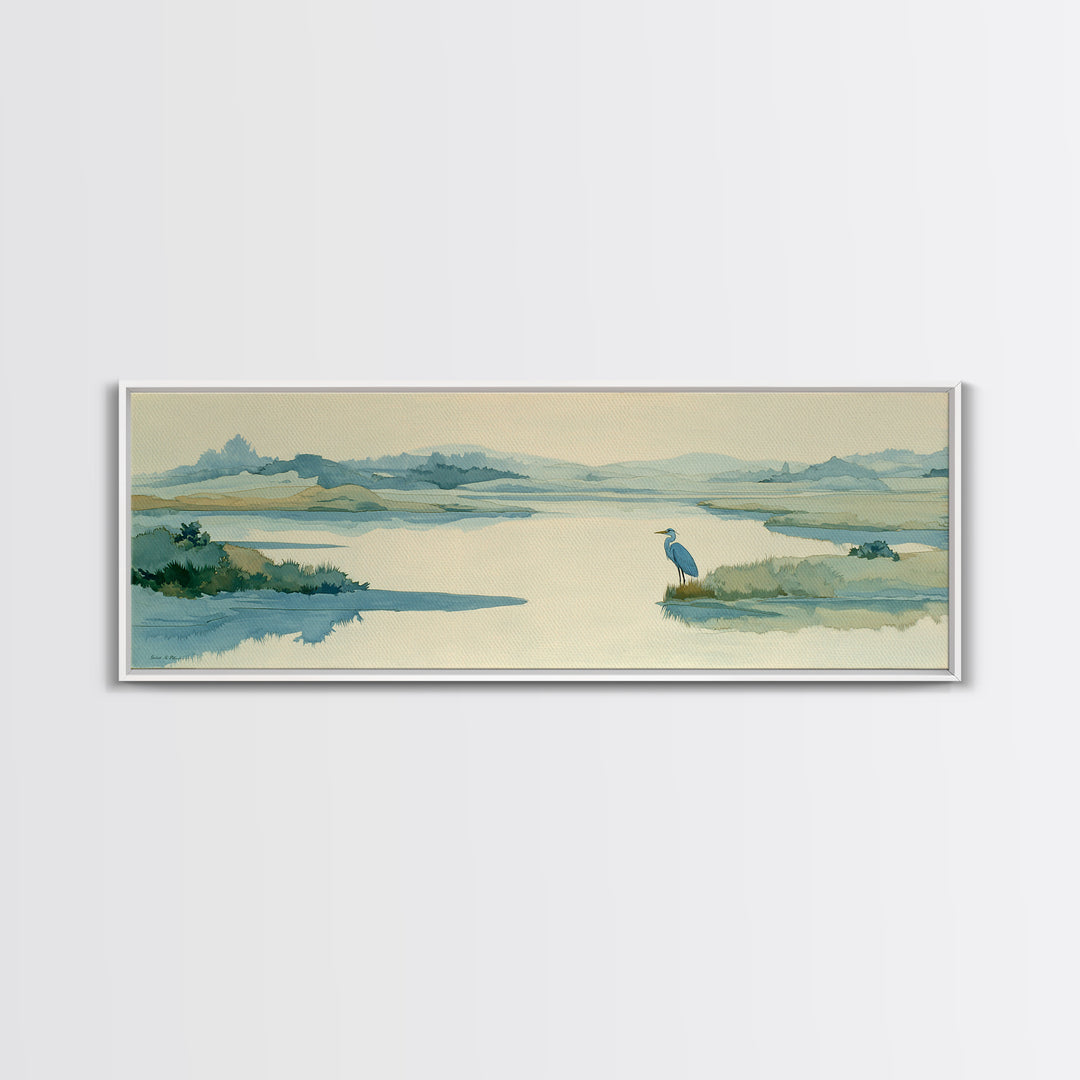 Blue Heron in Quiet Marsh Framed Canvas Print, Waiting Room Art, Room Decor, Waiting Room Decor, Abstract Art, Calm, WRA-3x1-52