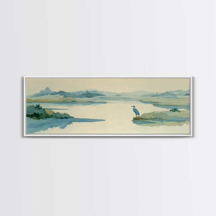 Blue Heron in Quiet Marsh Framed Canvas Print, Waiting Room Art, Room Decor, Waiting Room Decor, Abstract Art, Calm, WRA-3x1-52