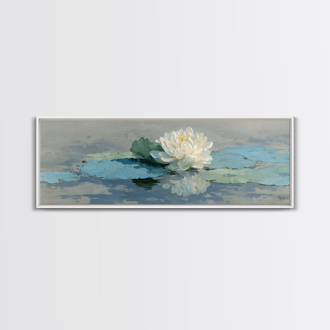Lotus Flower on Still Water Framed Canvas Print, Waiting Room Art, Contemporary Art, Waiting Room Decor, Oil Painting, Calm, WRA-3x1-55