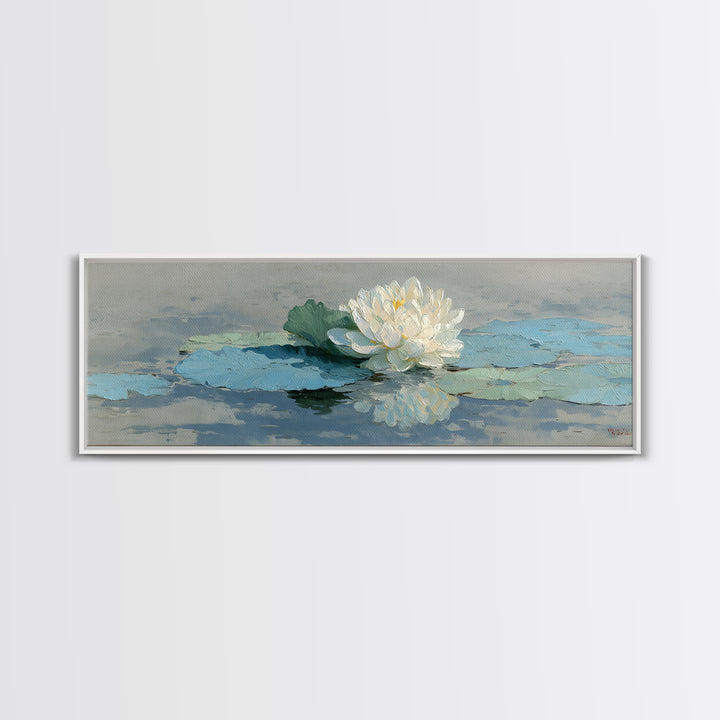 Lotus Flower on Still Water Framed Canvas Print, Waiting Room Art, Contemporary Art, Waiting Room Decor, Oil Painting, Calm, WRA-3x1-55
