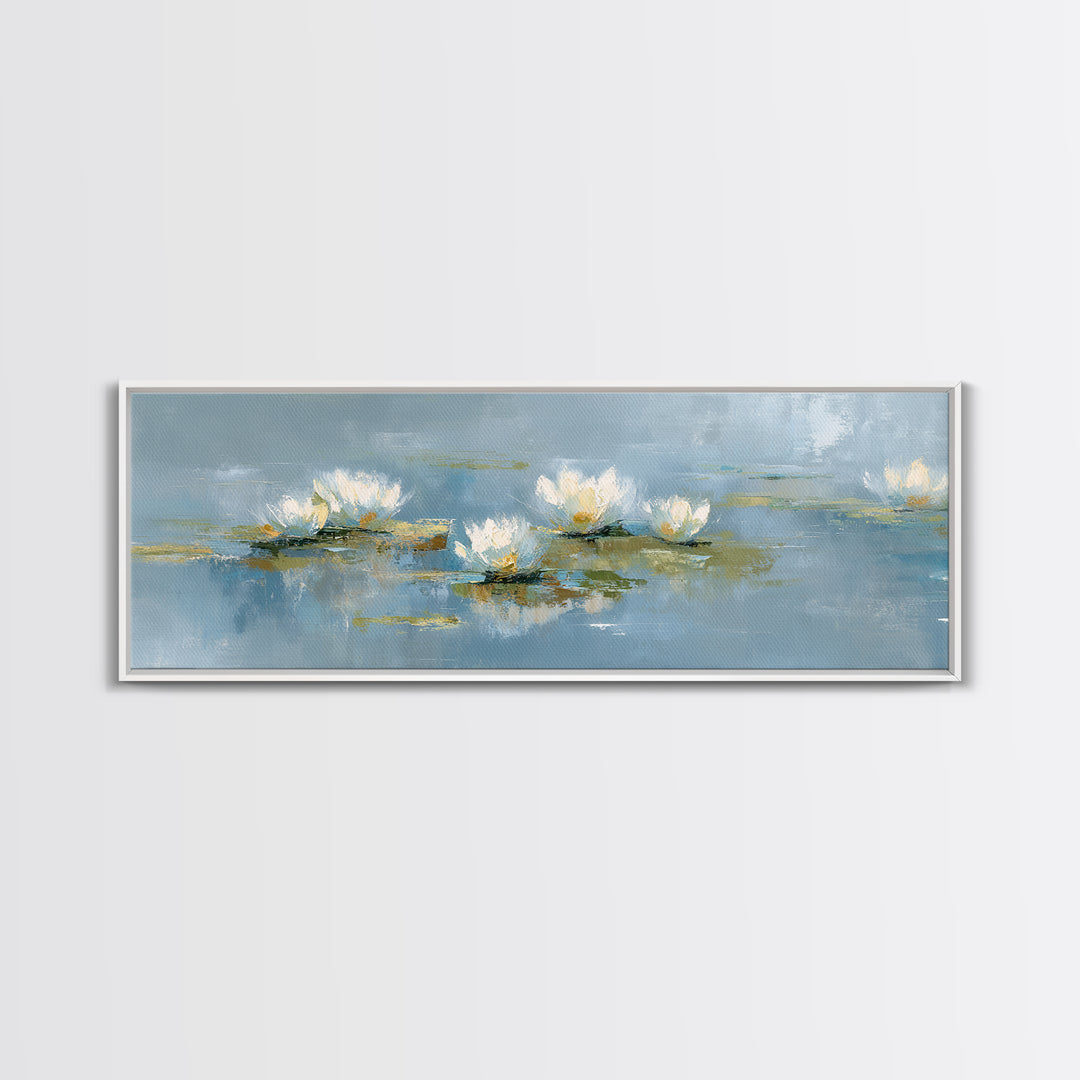 Lotus Flower on Still Water Framed Canvas Print, Waiting Room Art, Neutral Decor, Waiting Room Decor, Fine Art, Calm, WRA-3x1-7