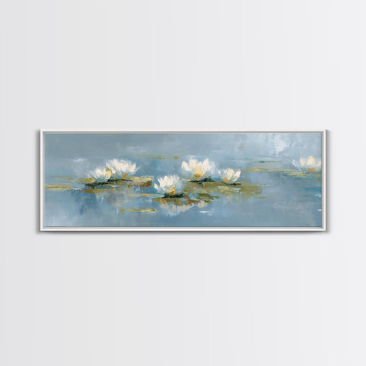 Lotus Flower on Still Water Framed Canvas Print, Waiting Room Art, Neutral Decor, Waiting Room Decor, Fine Art, Calm, WRA-3x1-7